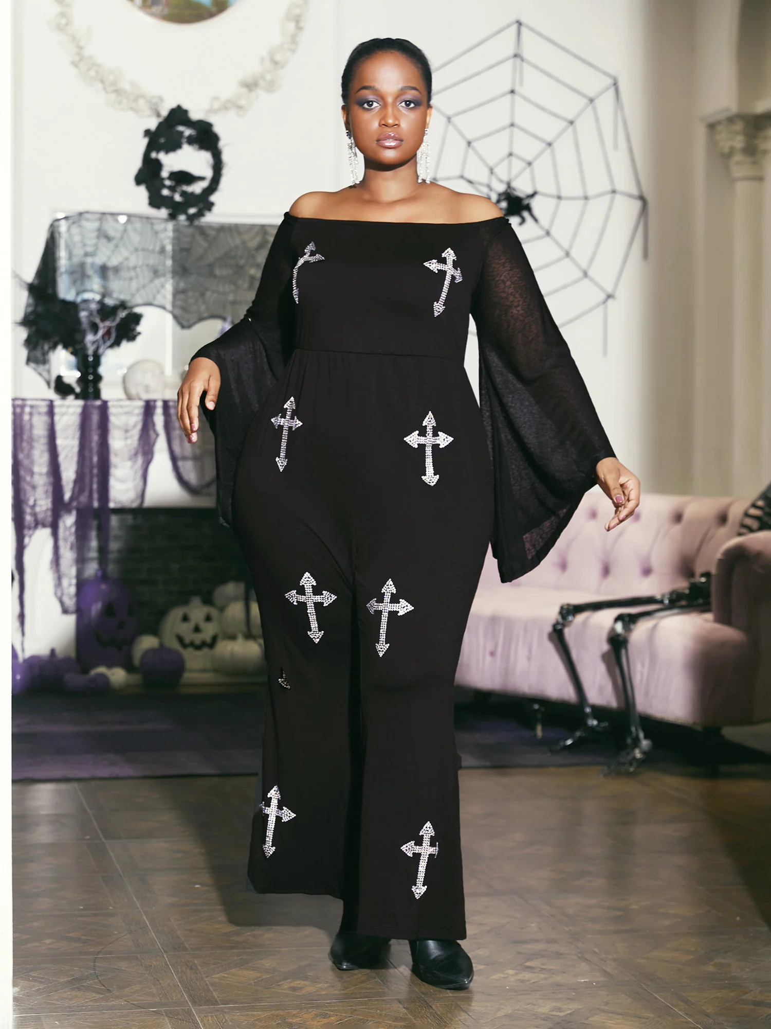 Gothic Glam Off-Shoulder Waist-Cinching Jumpsuit - Image 6