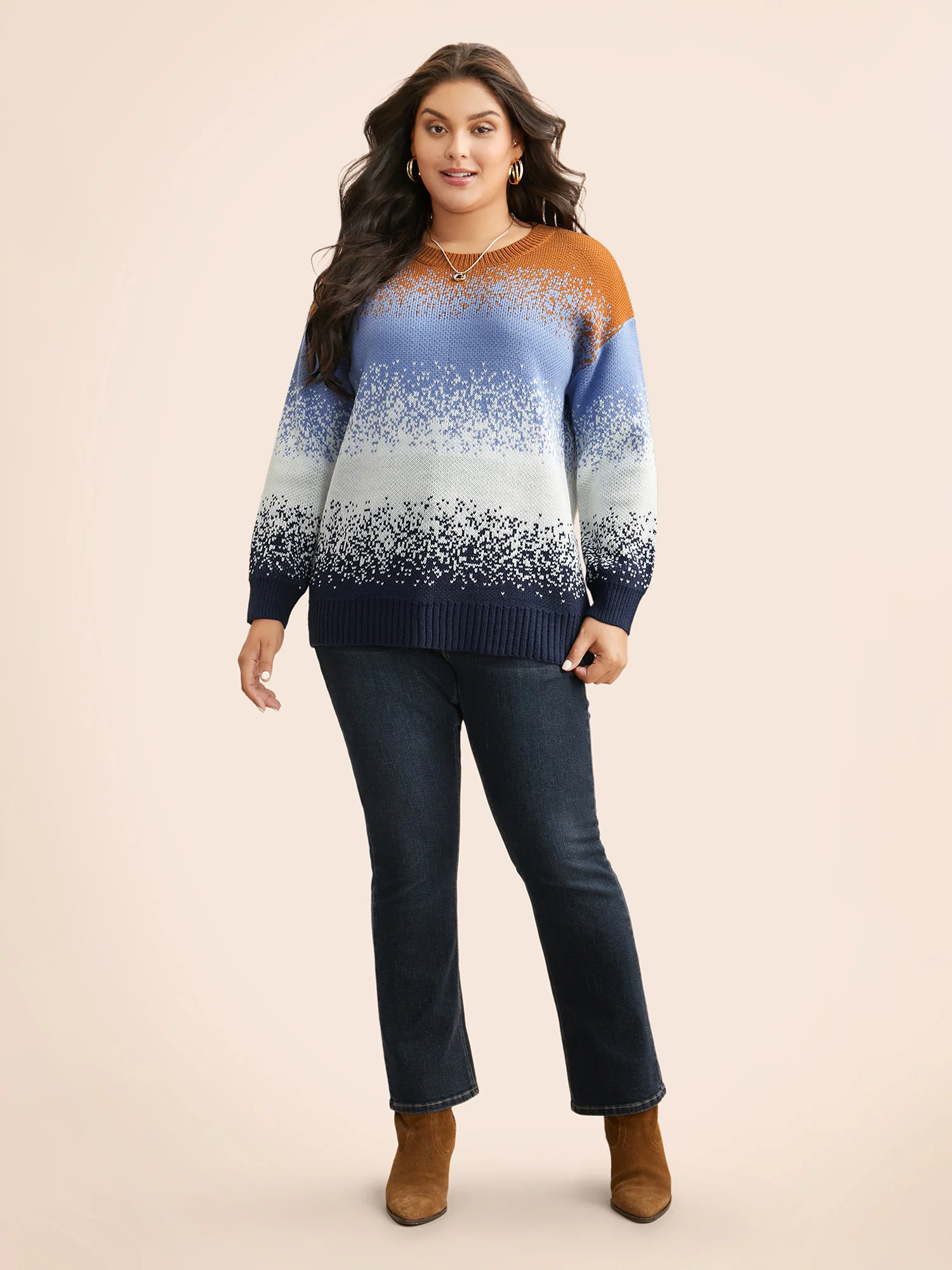 Gradient Dyeing Contrast Drop Shoulder Pullover - Image 4