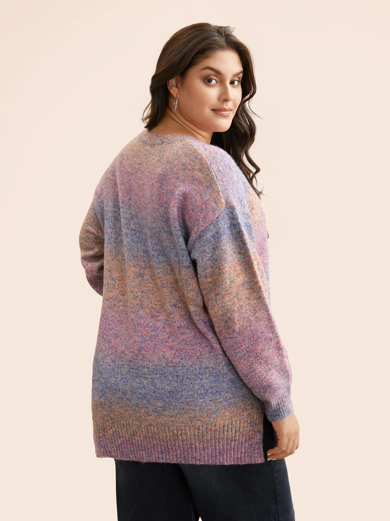 Gradient Dyeing Round Neck Slit Hem Pullover - Image 2