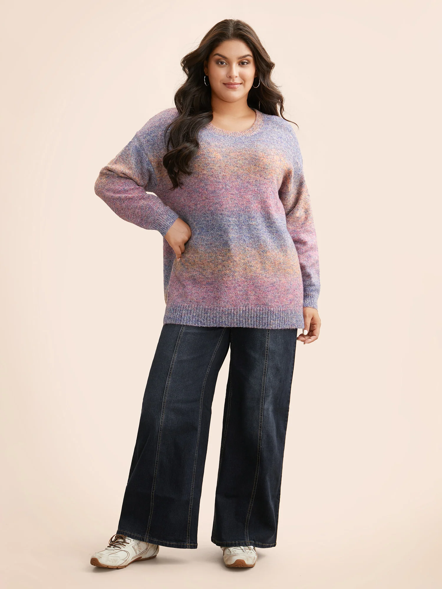 Gradient Dyeing Round Neck Slit Hem Pullover - Image 3