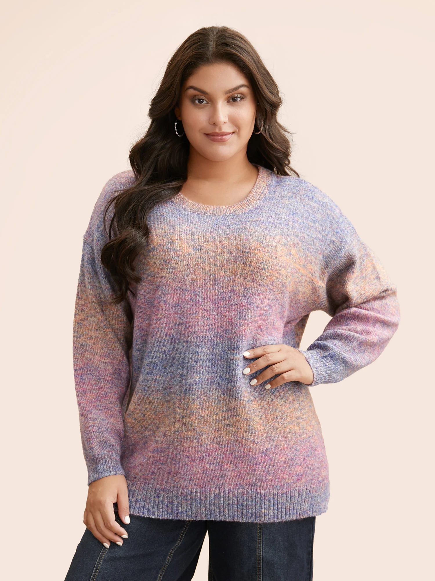 Gradient Dyeing Round Neck Slit Hem Pullover - Image 4