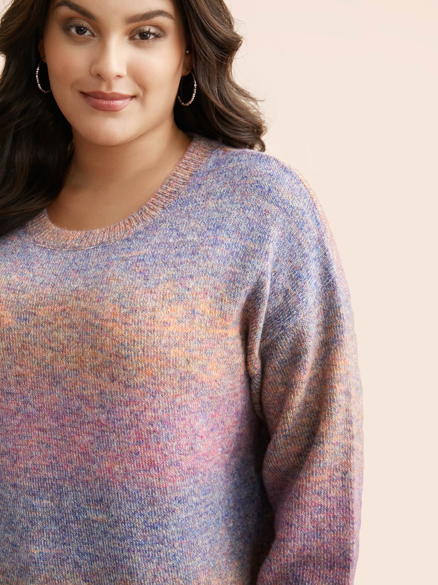 Gradient Dyeing Round Neck Slit Hem Pullover - Image 5
