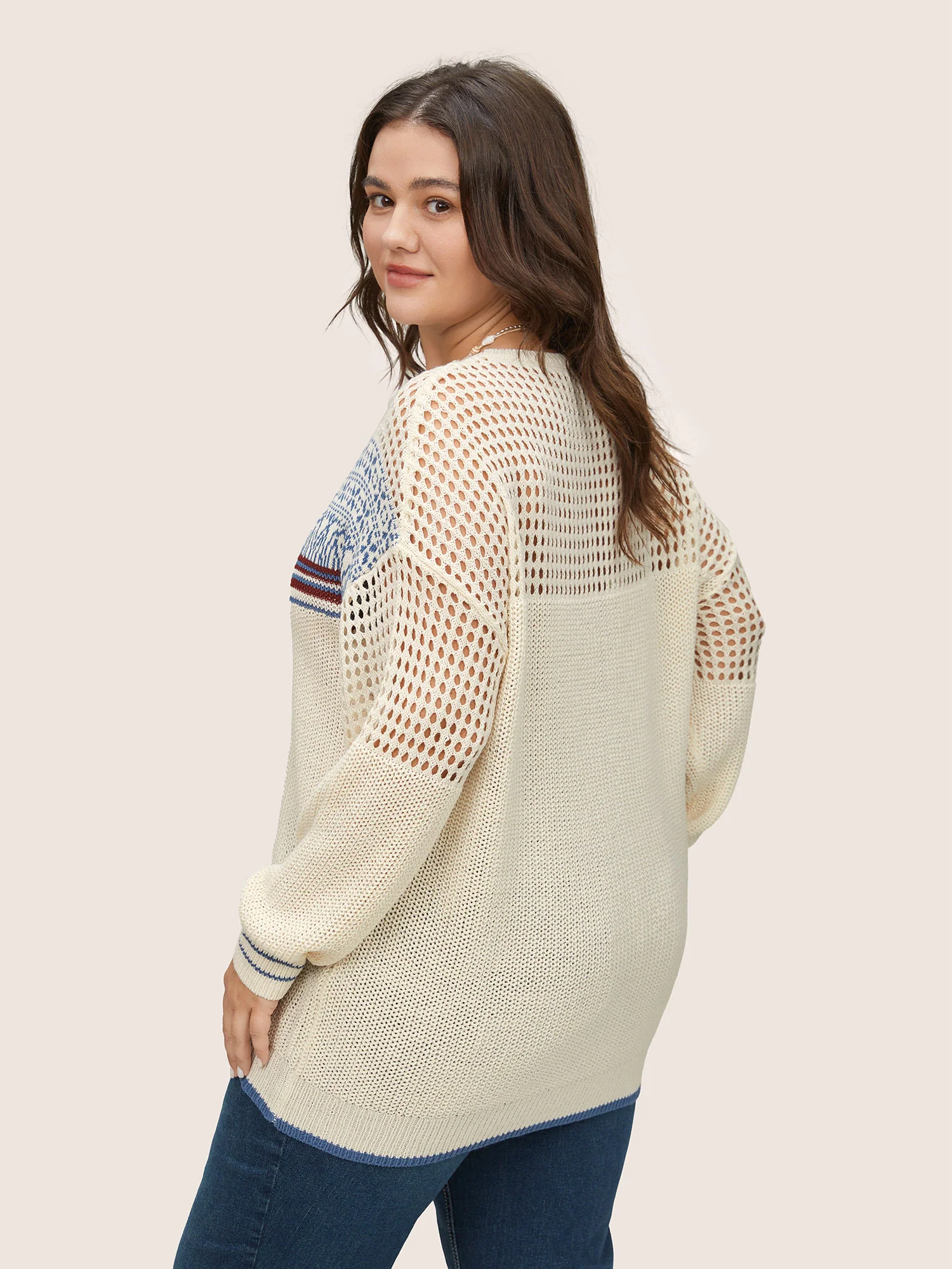 Graphic Contrast Patchwork Hollow Out Pullover - Image 2