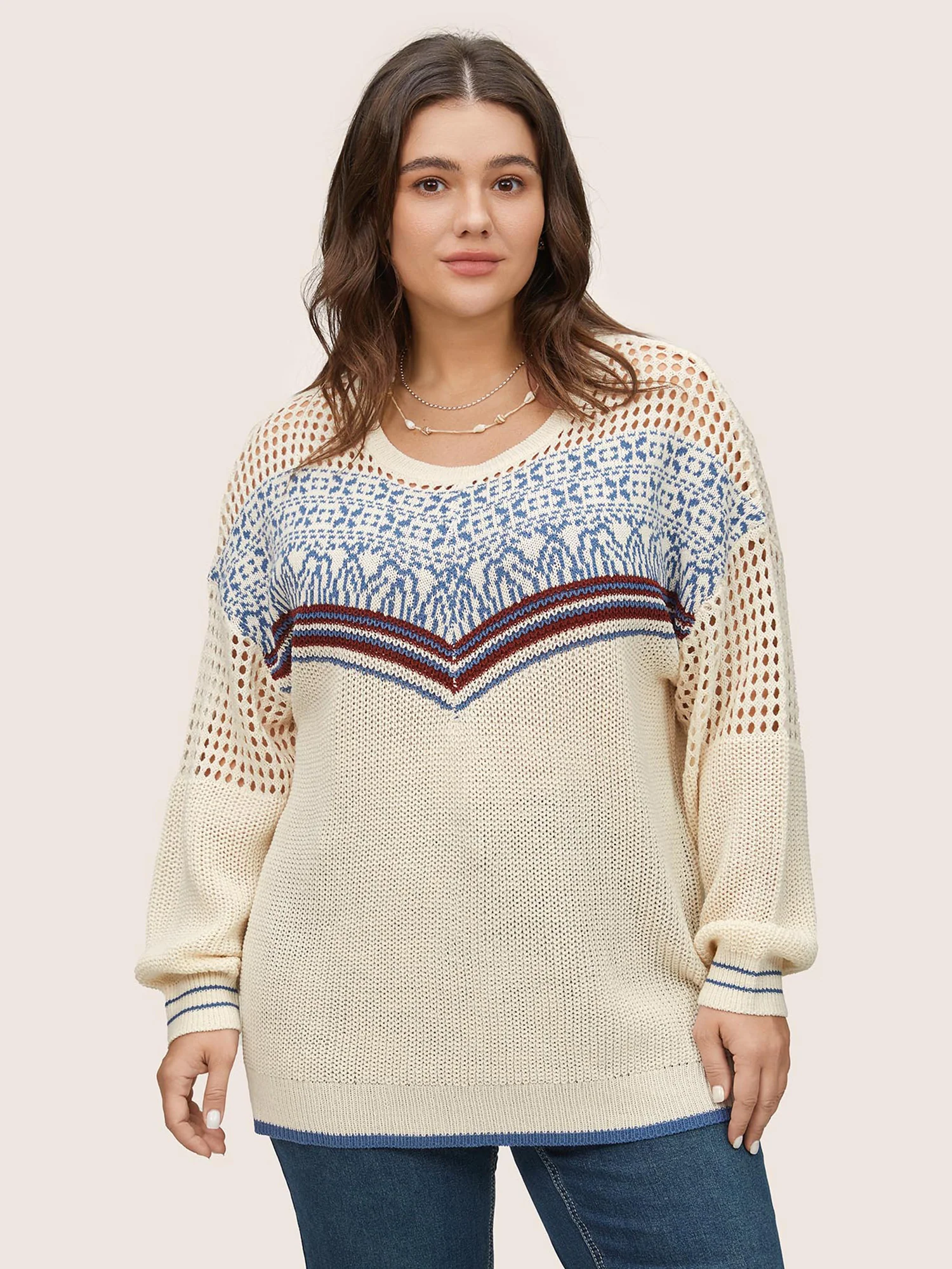 Graphic Contrast Patchwork Hollow Out Pullover - Image 3