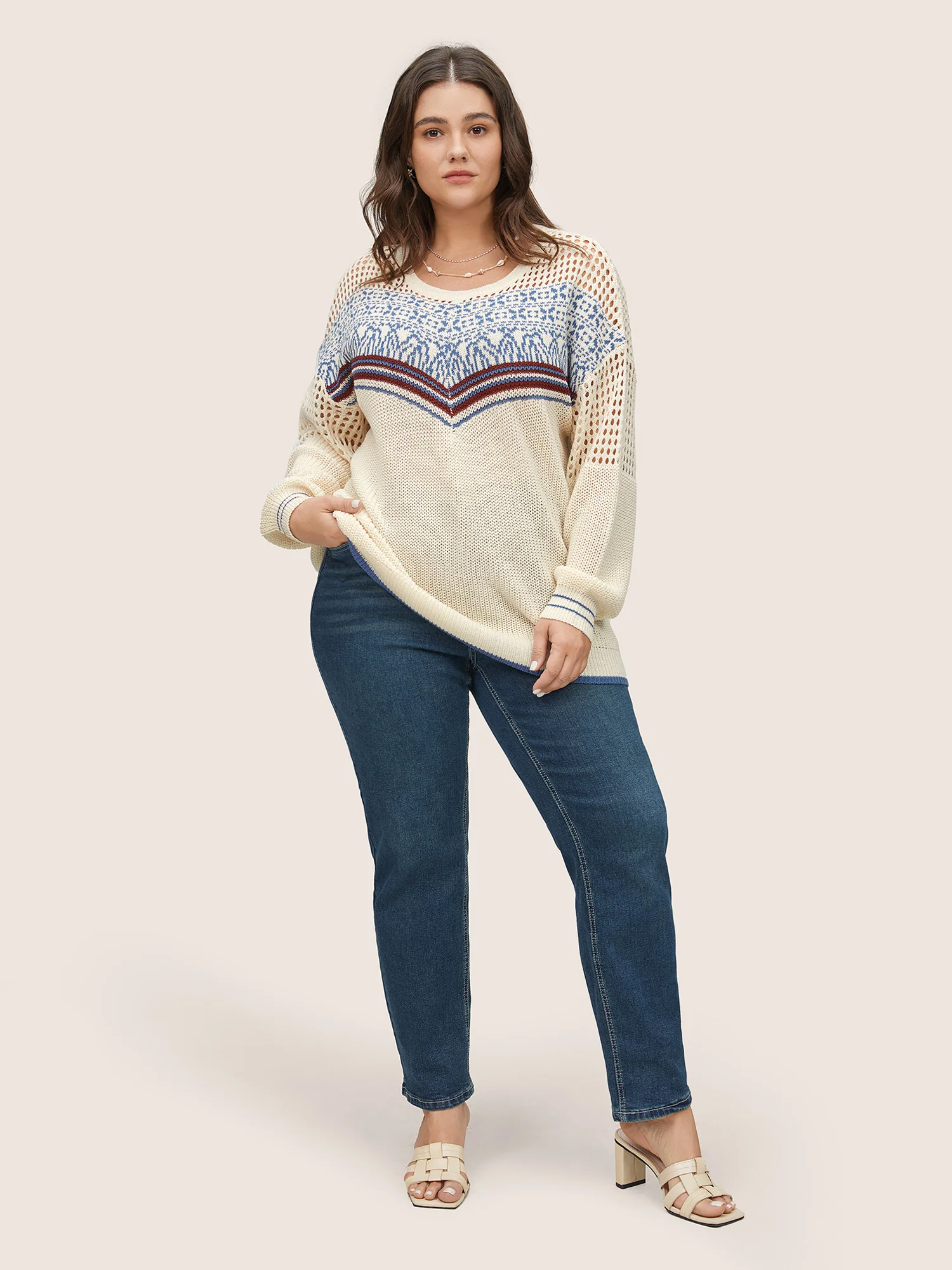 Graphic Contrast Patchwork Hollow Out Pullover - Image 4