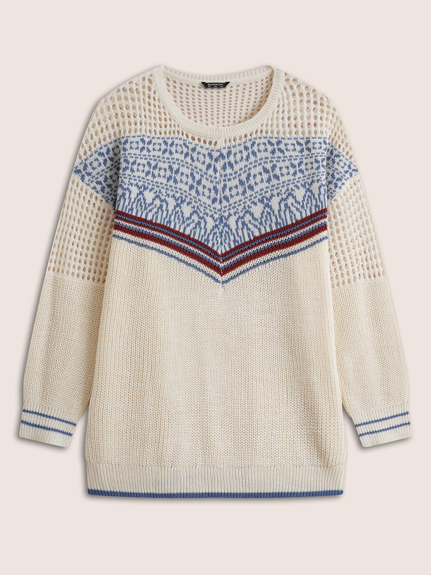 Graphic Contrast Patchwork Hollow Out Pullover - Image 7