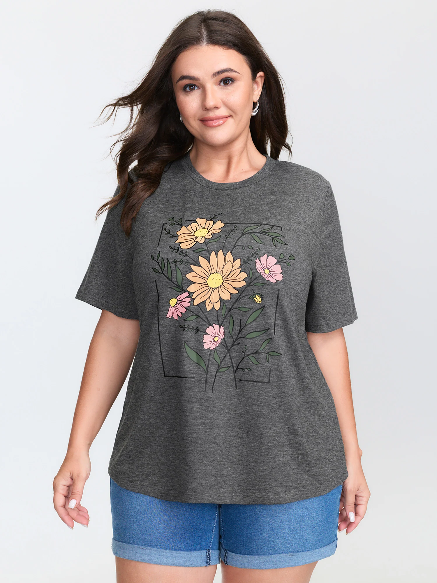 Graphic Floral Print Round Neck T-Shirt - Image 2