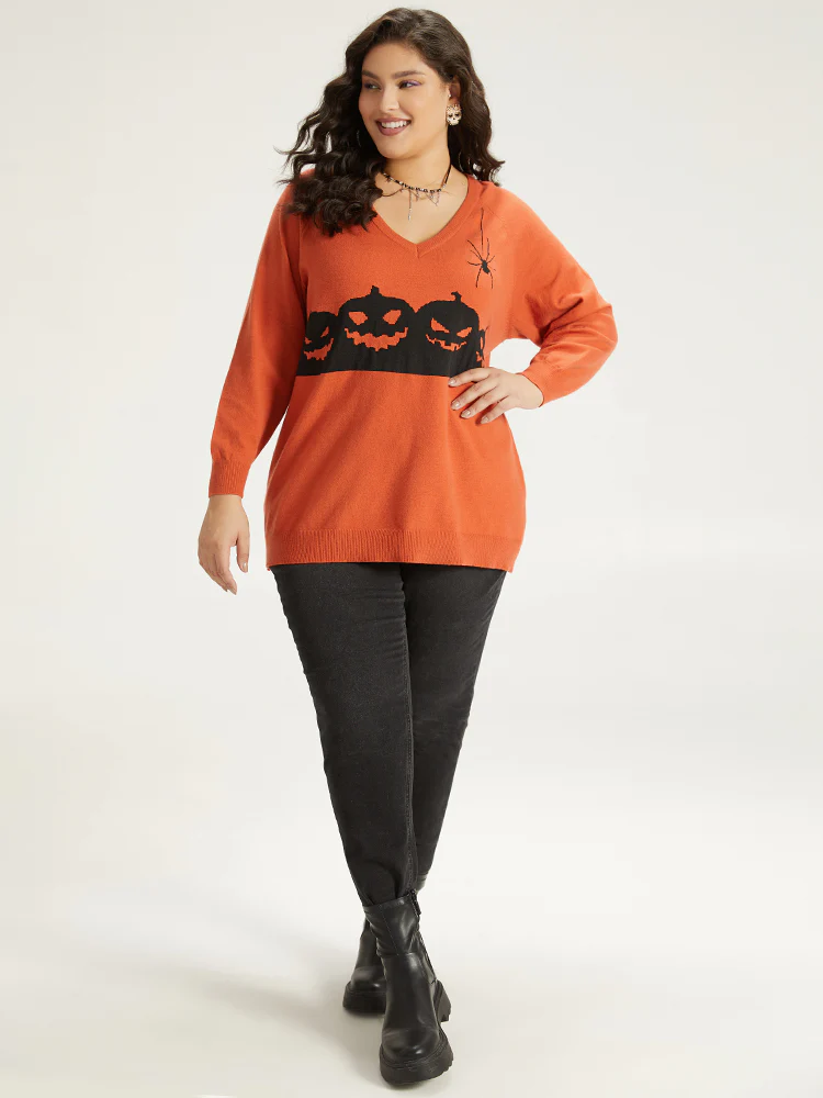 Halloween Graphic Pumpkin V Neck Pullover - Image 10