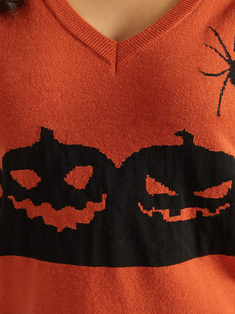 Halloween Graphic Pumpkin V Neck Pullover - Image 12