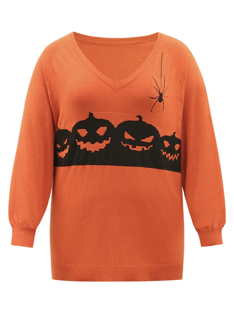 Halloween Graphic Pumpkin V Neck Pullover - Image 13