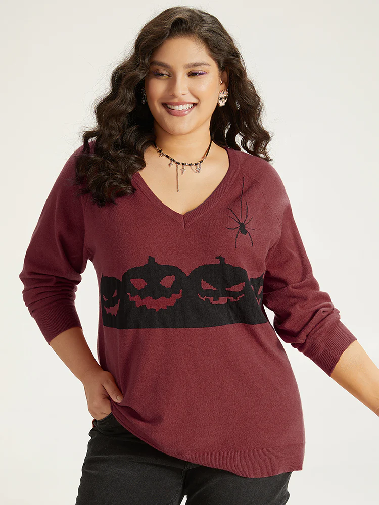 Halloween Graphic Pumpkin V Neck Pullover - Image 14