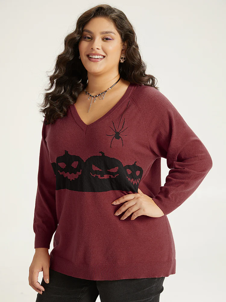 Halloween Graphic Pumpkin V Neck Pullover - Image 16