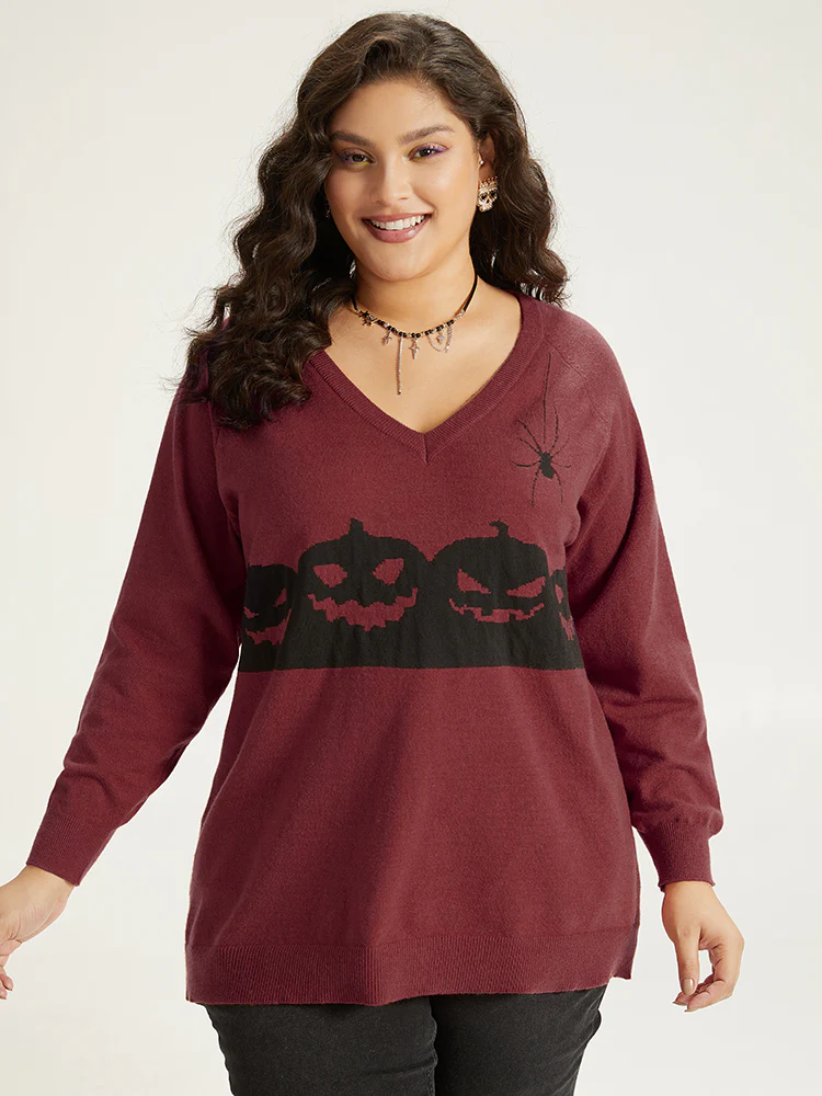 Halloween Graphic Pumpkin V Neck Pullover - Image 17