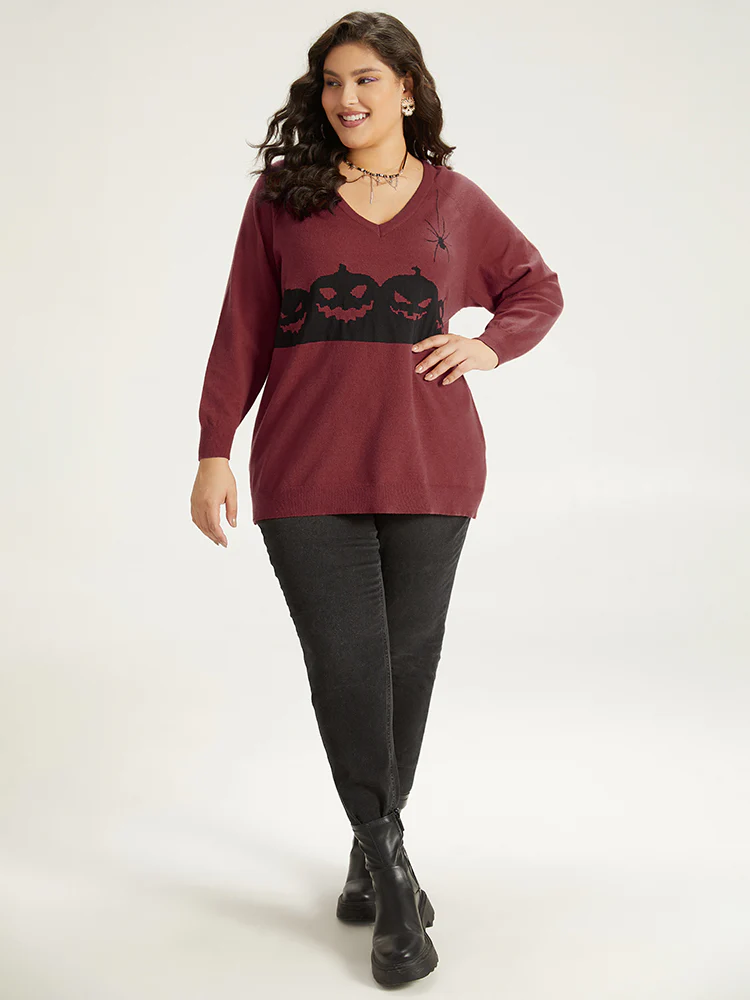 Halloween Graphic Pumpkin V Neck Pullover - Image 18