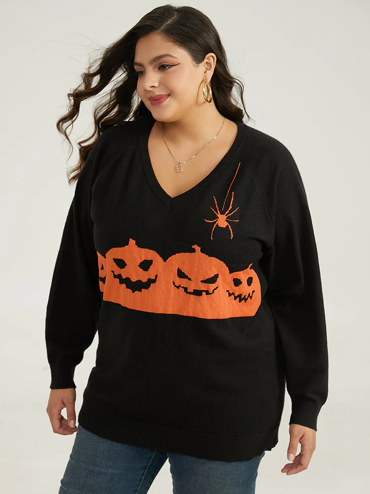 Halloween Graphic Pumpkin V Neck Pullover - Image 3