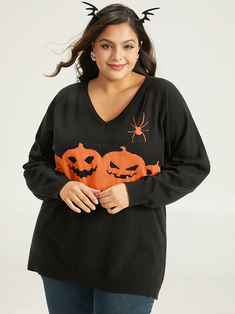 Halloween Graphic Pumpkin V Neck Pullover - Image 4