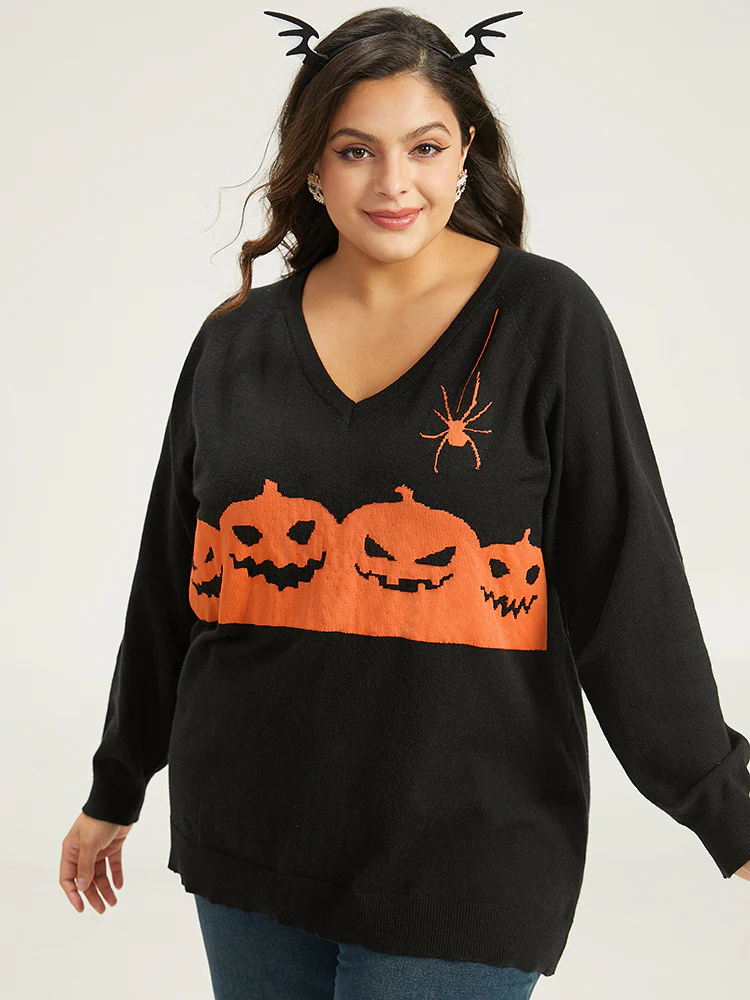 Halloween Graphic Pumpkin V Neck Pullover - Image 5