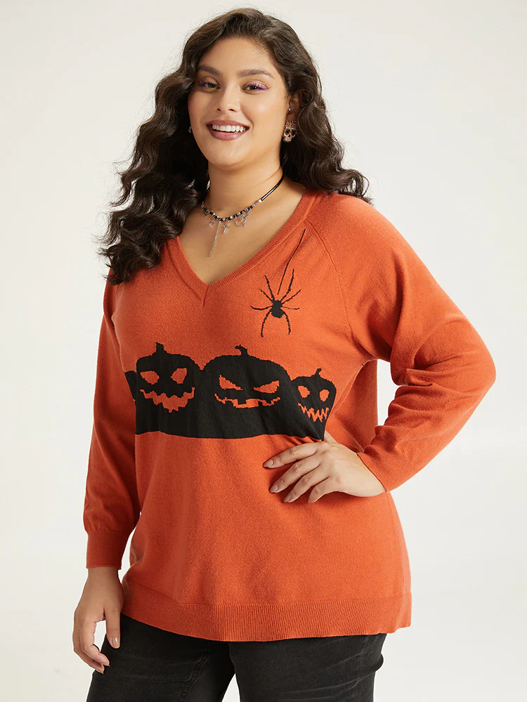 Halloween Graphic Pumpkin V Neck Pullover - Image 8