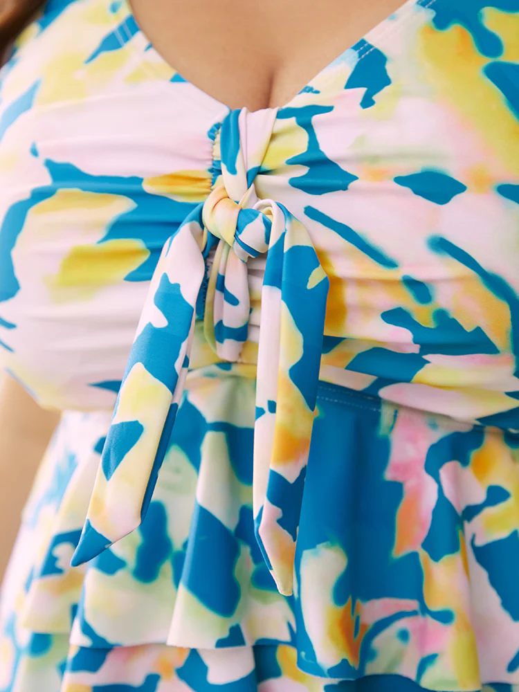 Graphic Print A Line Ruffle Tiered Knot Tankini Top - Image 8
