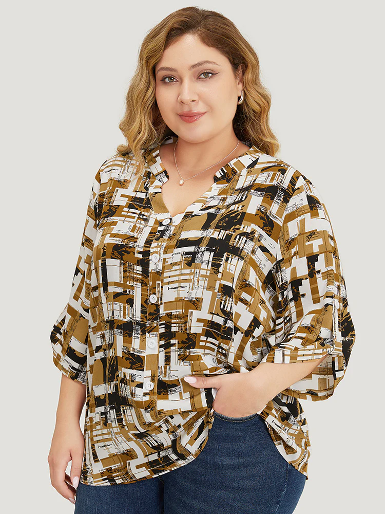 Graphic Print Notched Button Detail Cuffed Sleeve Blouse - Image 3