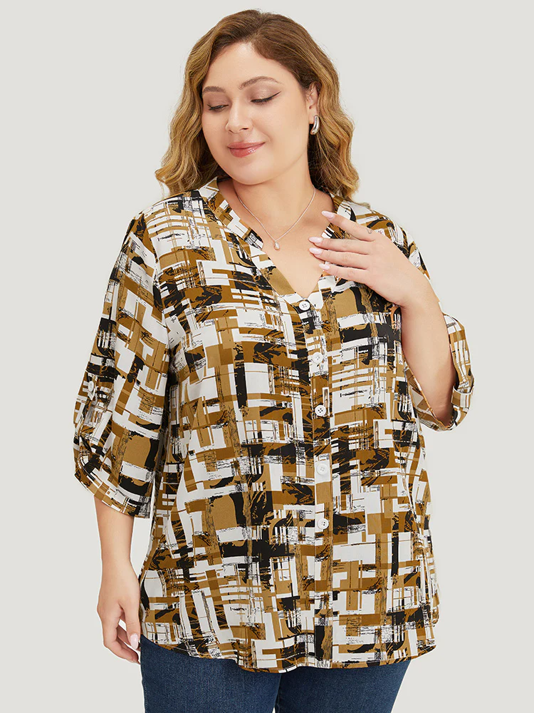 Graphic Print Notched Button Detail Cuffed Sleeve Blouse - Image 4