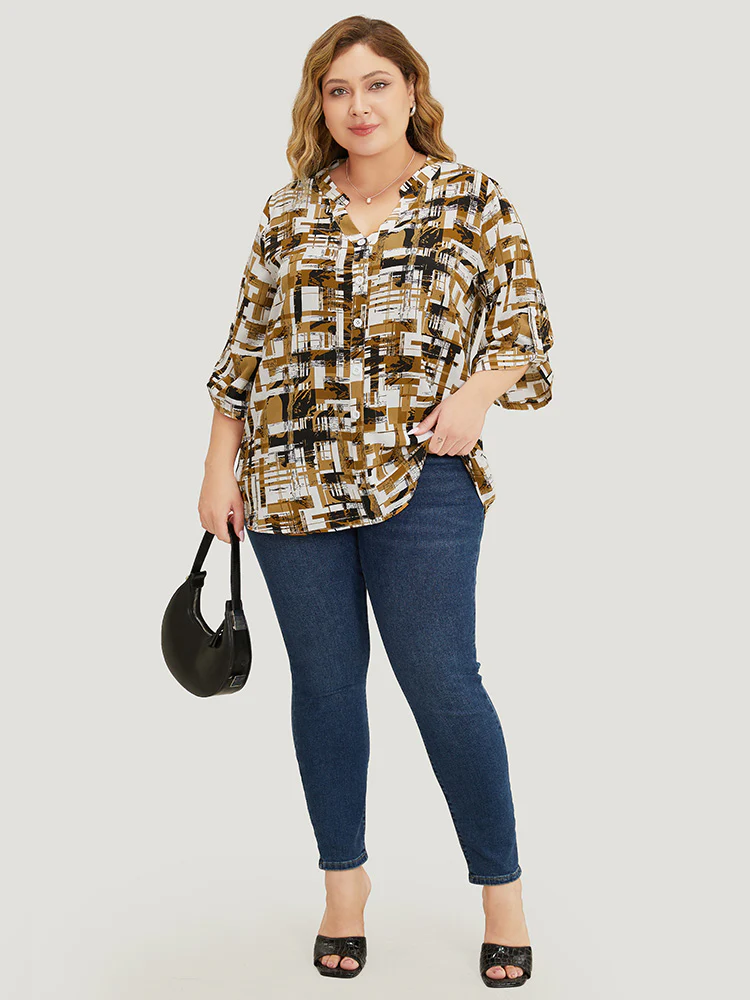 Graphic Print Notched Button Detail Cuffed Sleeve Blouse - Image 5