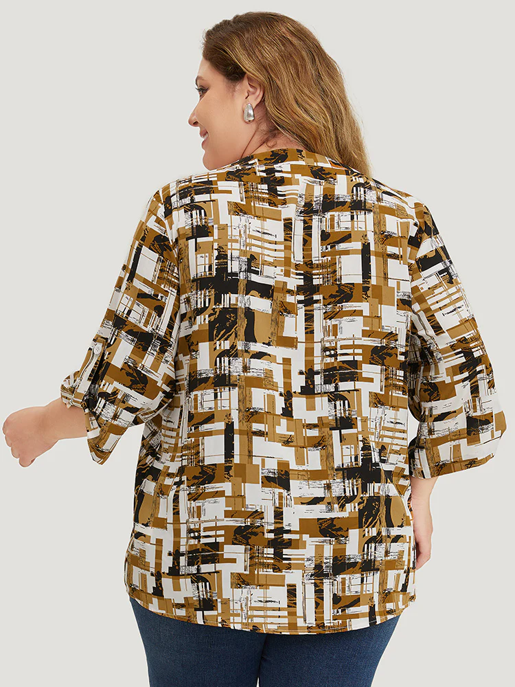 Graphic Print Notched Button Detail Cuffed Sleeve Blouse - Image 6