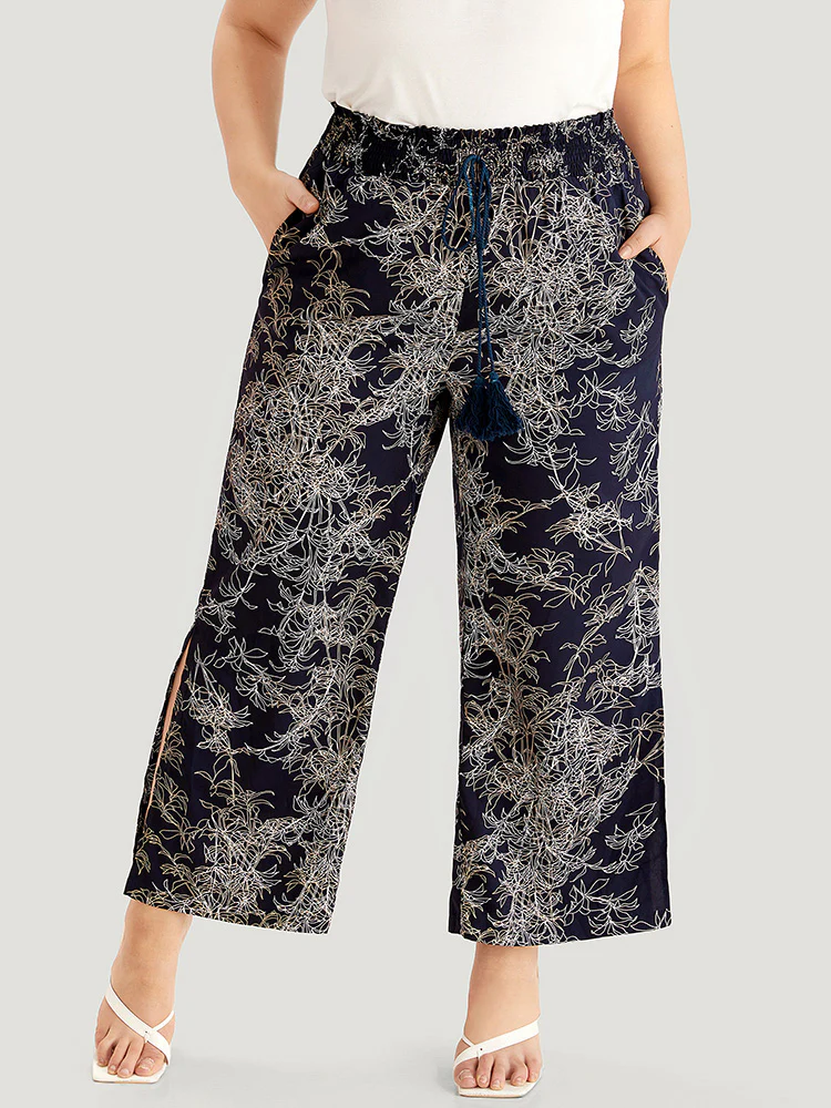 Graphic Print Shirred Split Side Tassels Ties Pants - Image 2