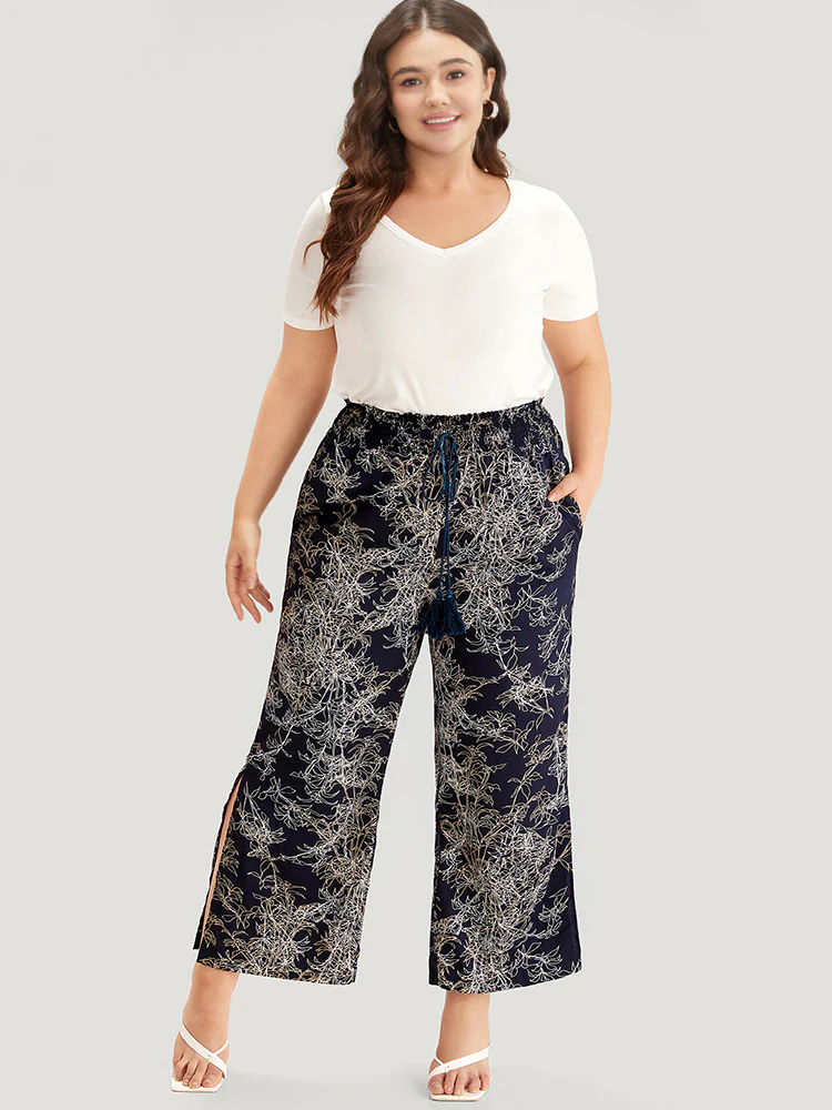 Graphic Print Shirred Split Side Tassels Ties Pants - Image 3