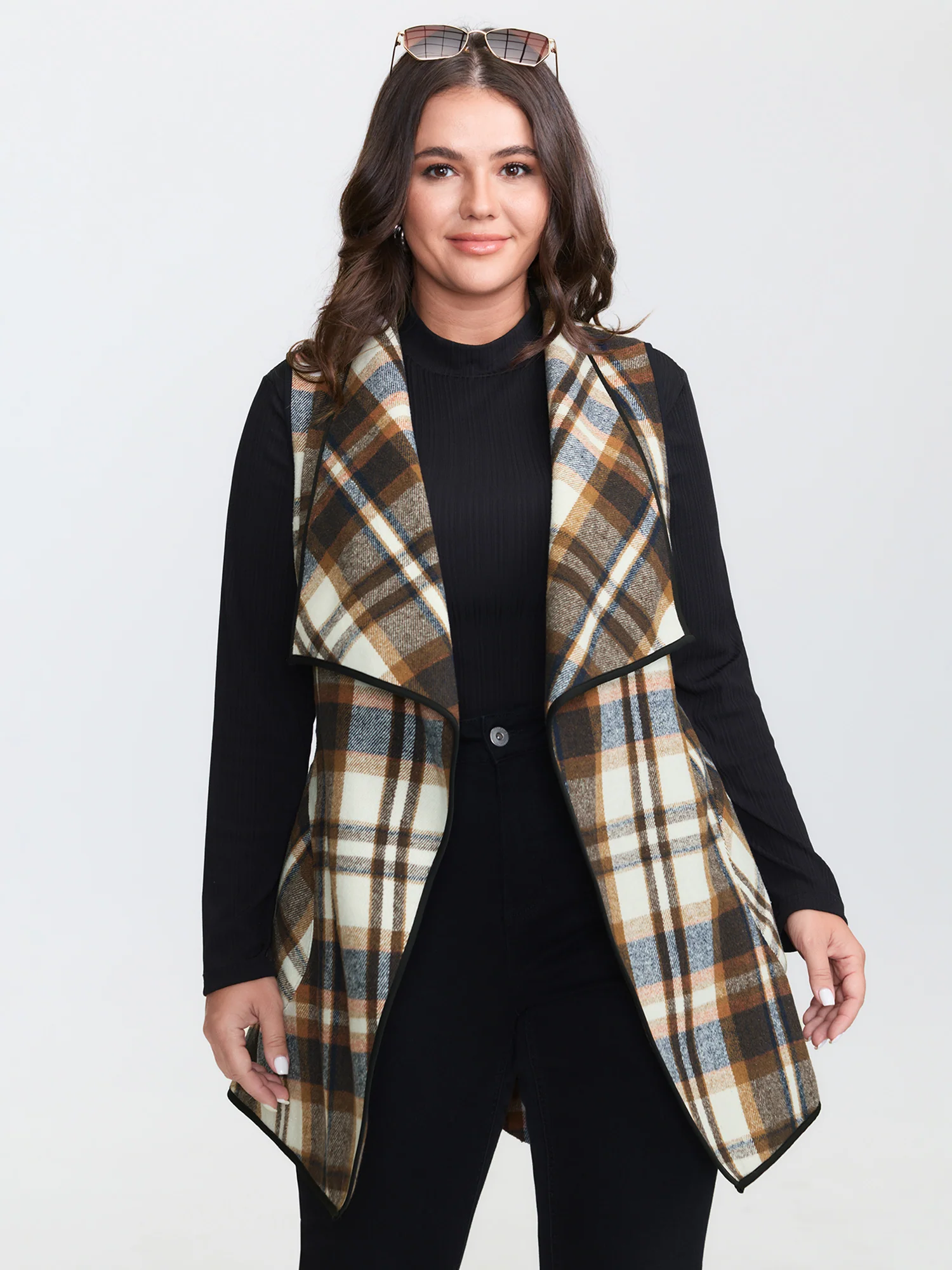 Grid Belted Notched Lapel Collar Vest
