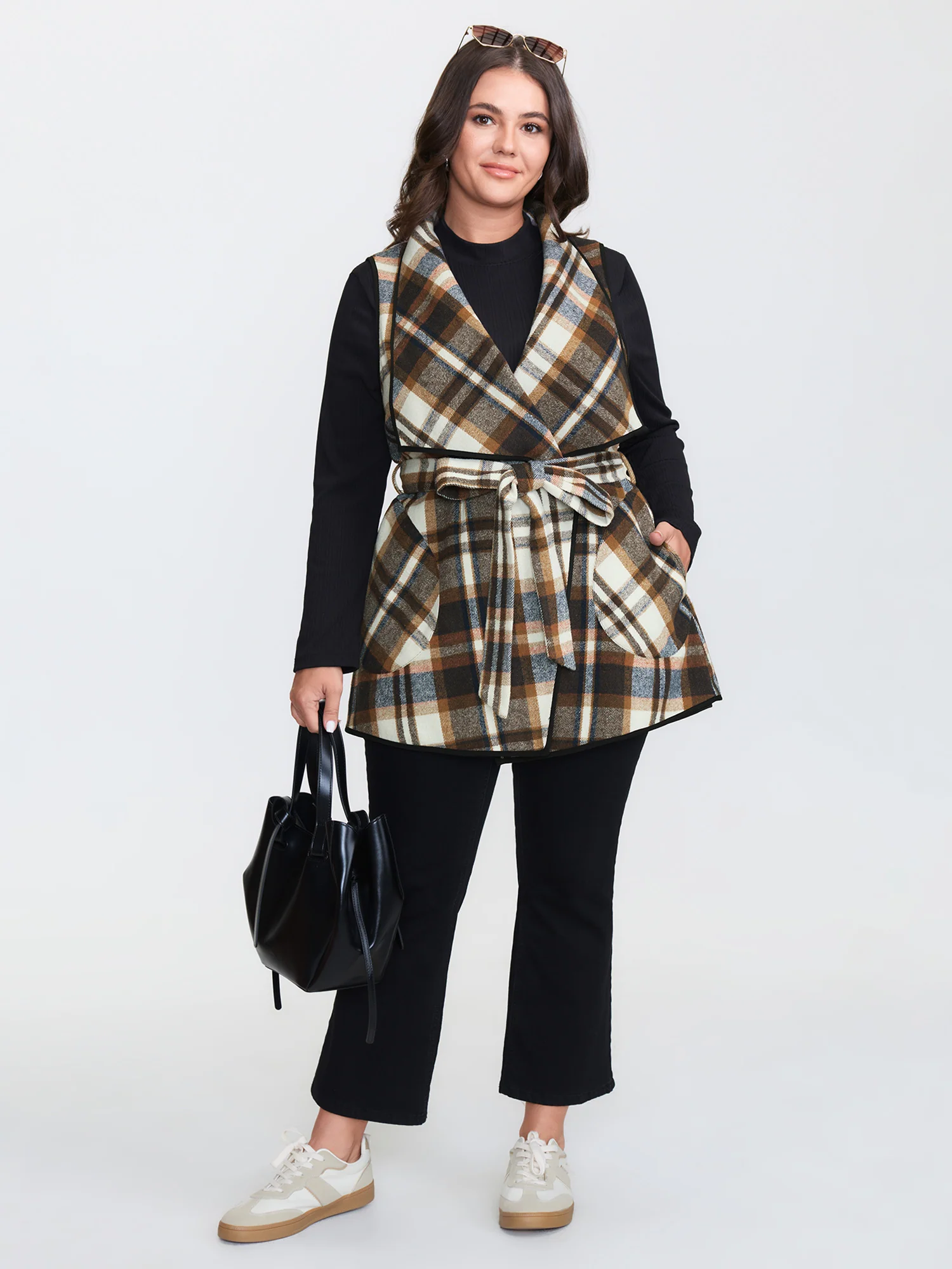 Grid Belted Notched Lapel Collar Vest - Image 2