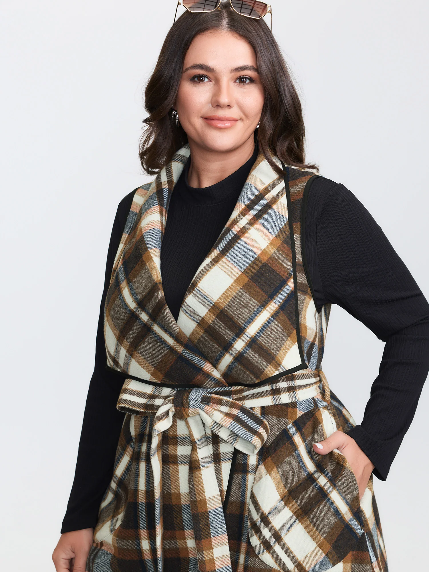 Grid Belted Notched Lapel Collar Vest - Image 3