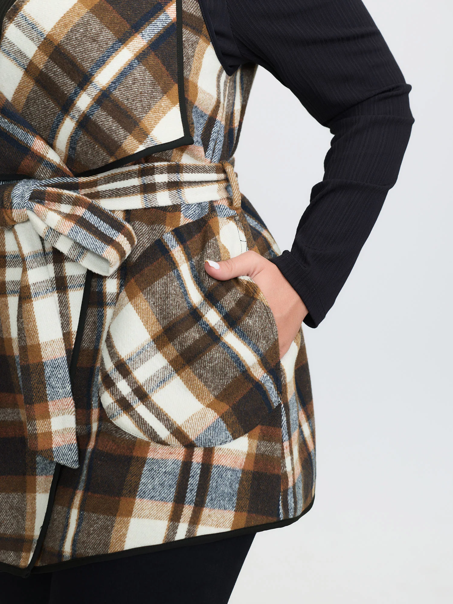 Grid Belted Notched Lapel Collar Vest - Image 4