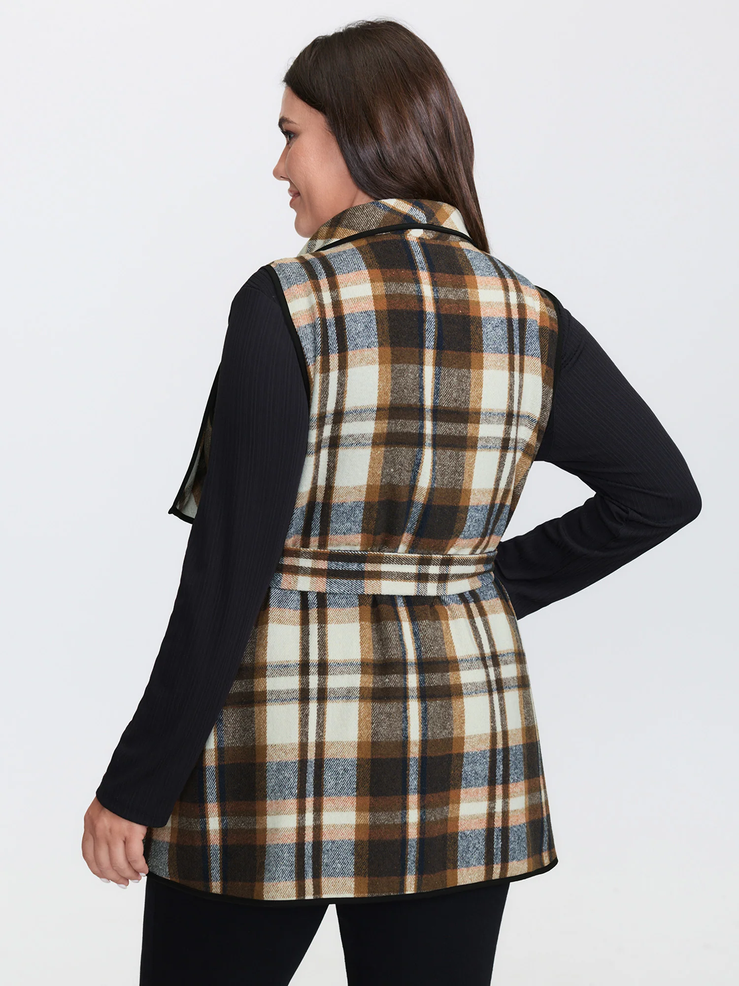 Grid Belted Notched Lapel Collar Vest - Image 5
