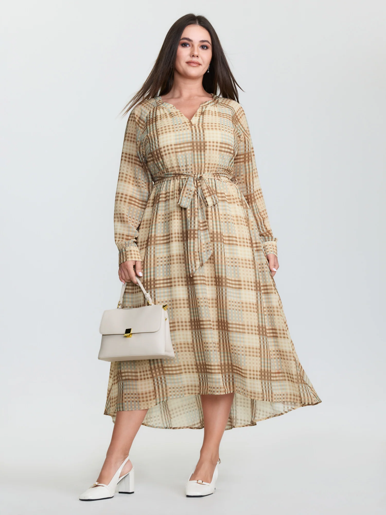 Grid Pattern Waist-Tie Flowy Midi Dress