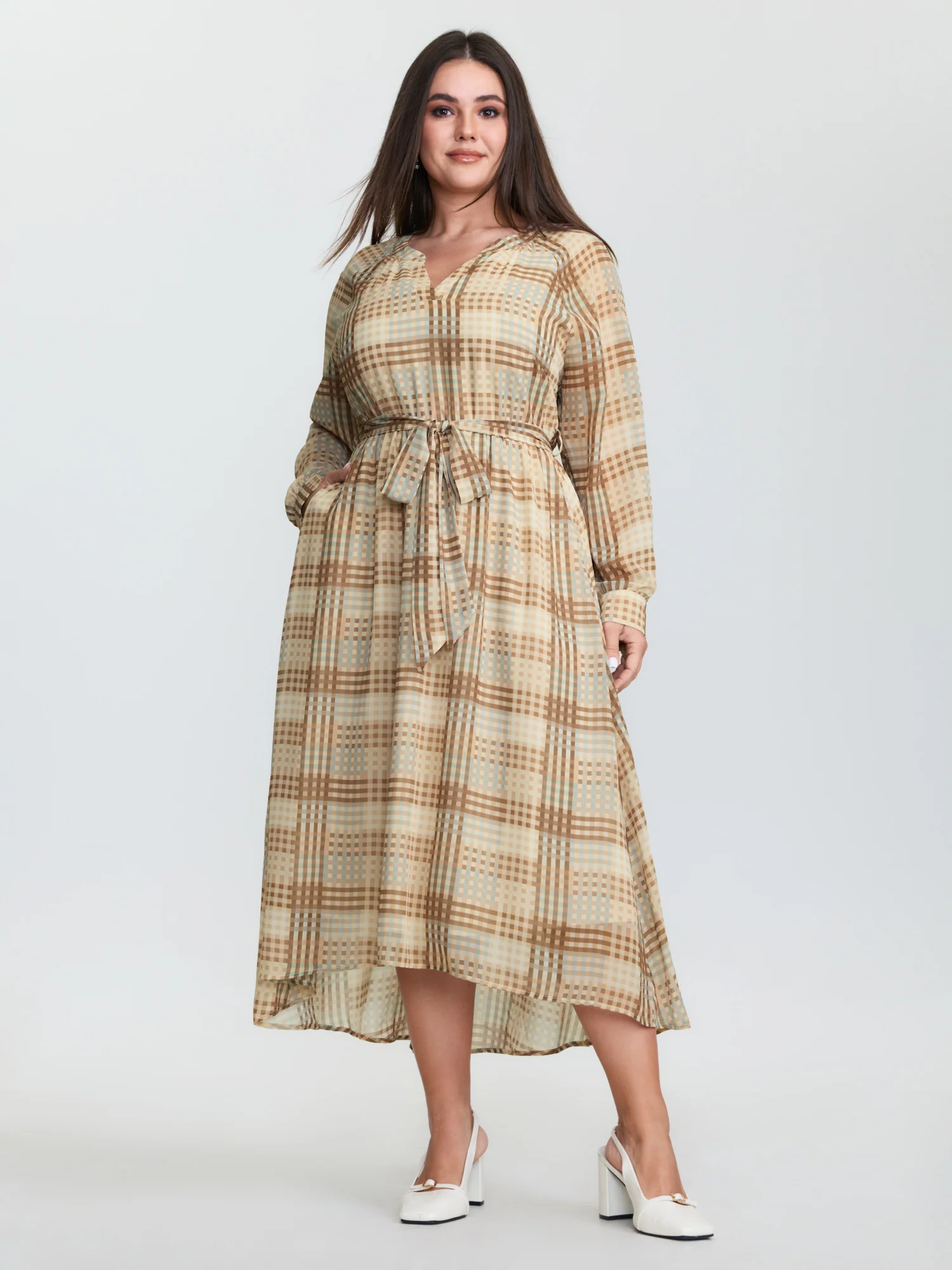 Grid Pattern Waist-Tie Flowy Midi Dress - Image 3