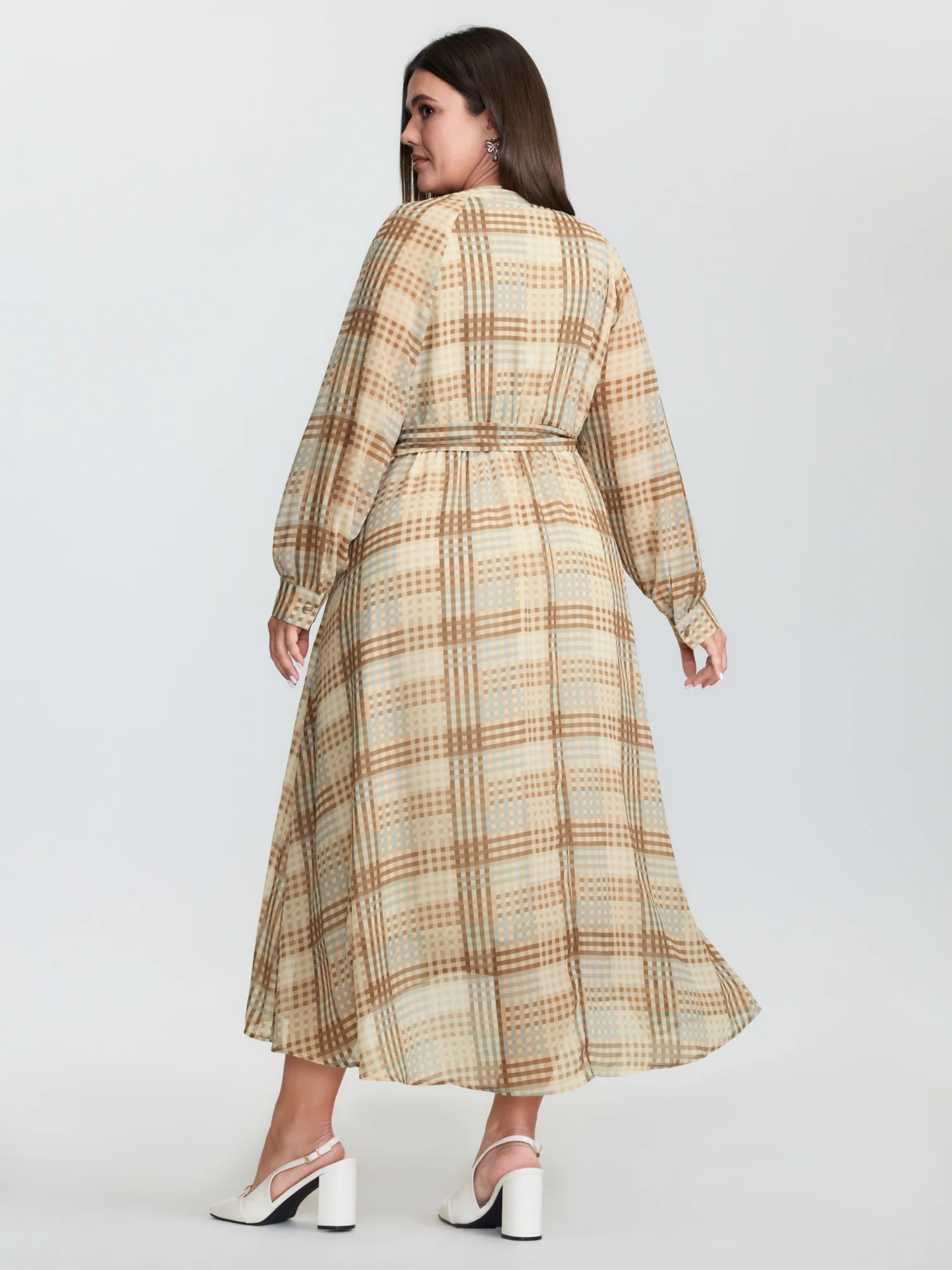Grid Pattern Waist-Tie Flowy Midi Dress - Image 4