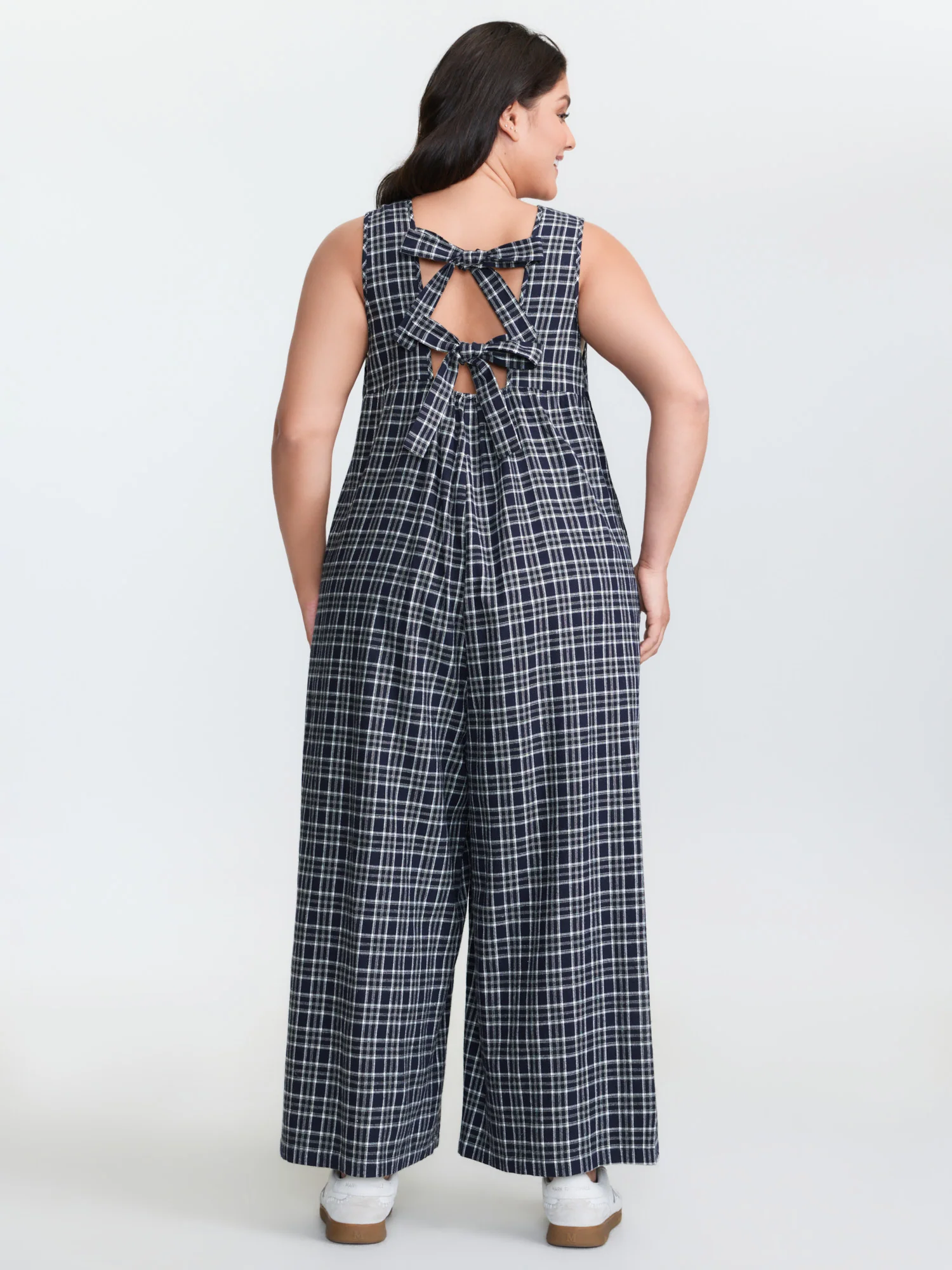 Grid Print Backless Tie Jumpsuit - Image 4