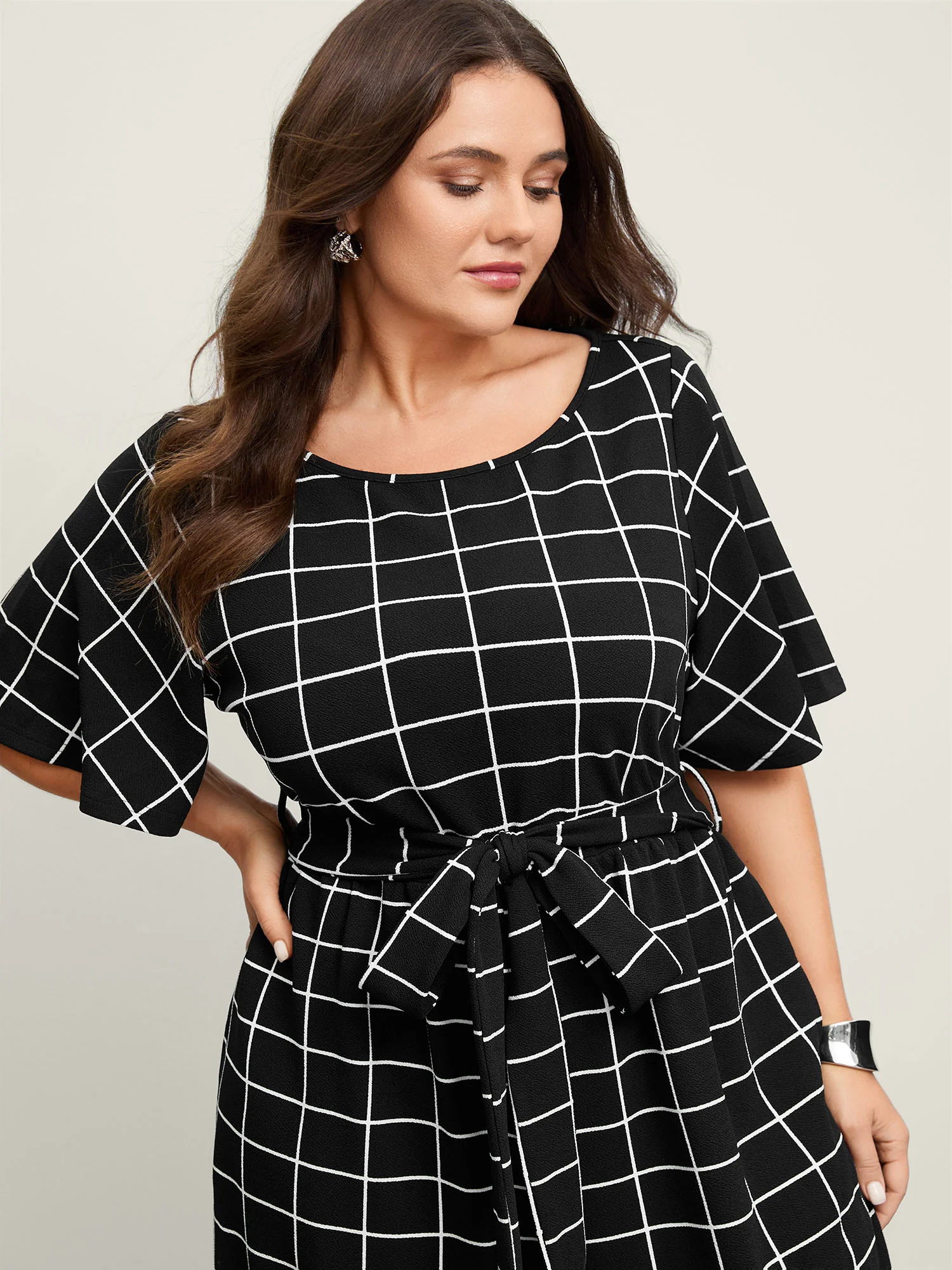 Grid Print Cinched Belted Waist Jumpsuit - Image 2