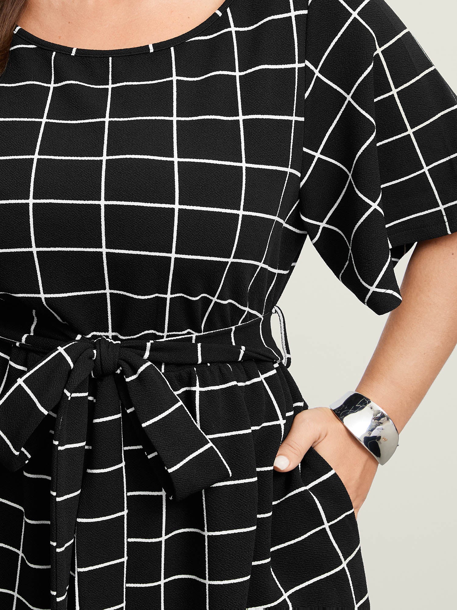 Grid Print Cinched Belted Waist Jumpsuit - Image 3