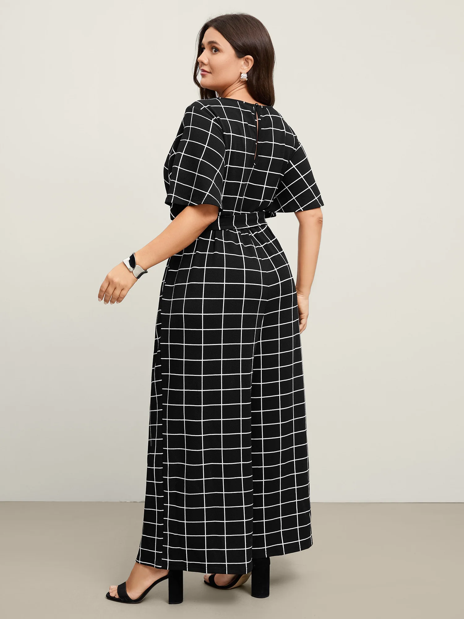 Grid Print Cinched Belted Waist Jumpsuit - Image 4