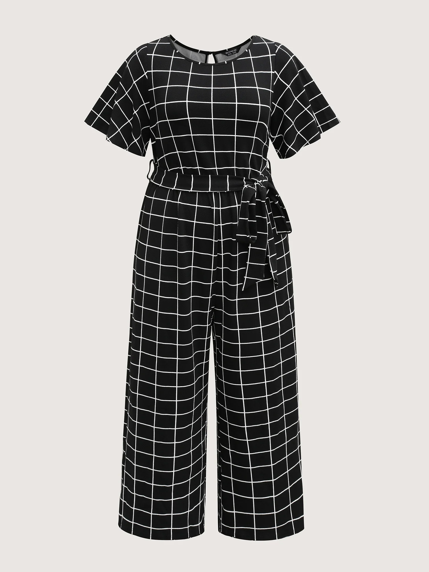 Grid Print Cinched Belted Waist Jumpsuit - Image 7
