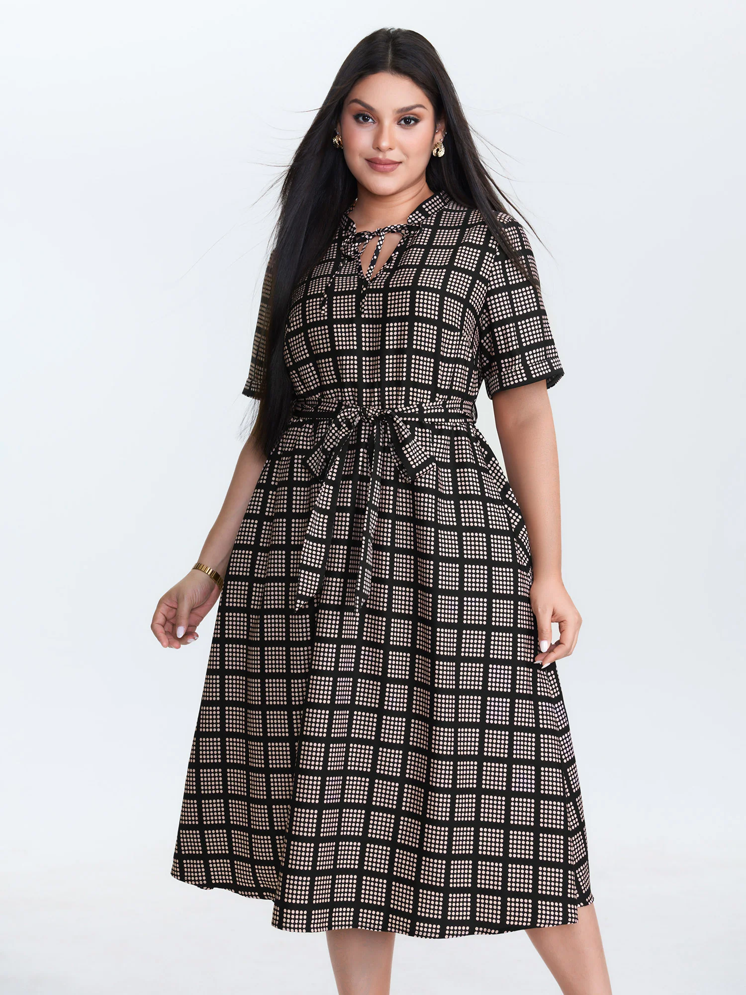 Grid Print Collar Waist-Tie Midi Dress - Image 3