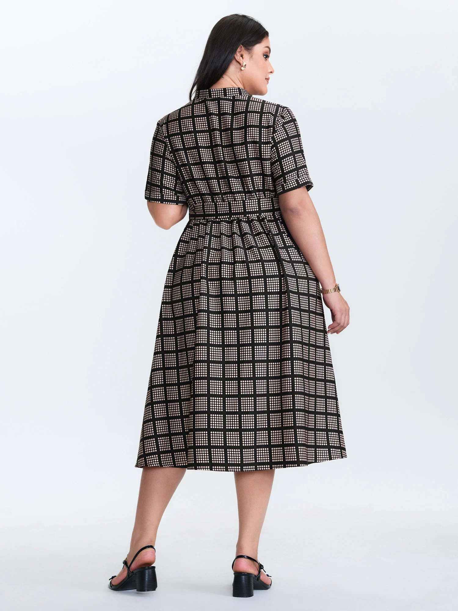 Grid Print Collar Waist-Tie Midi Dress - Image 4