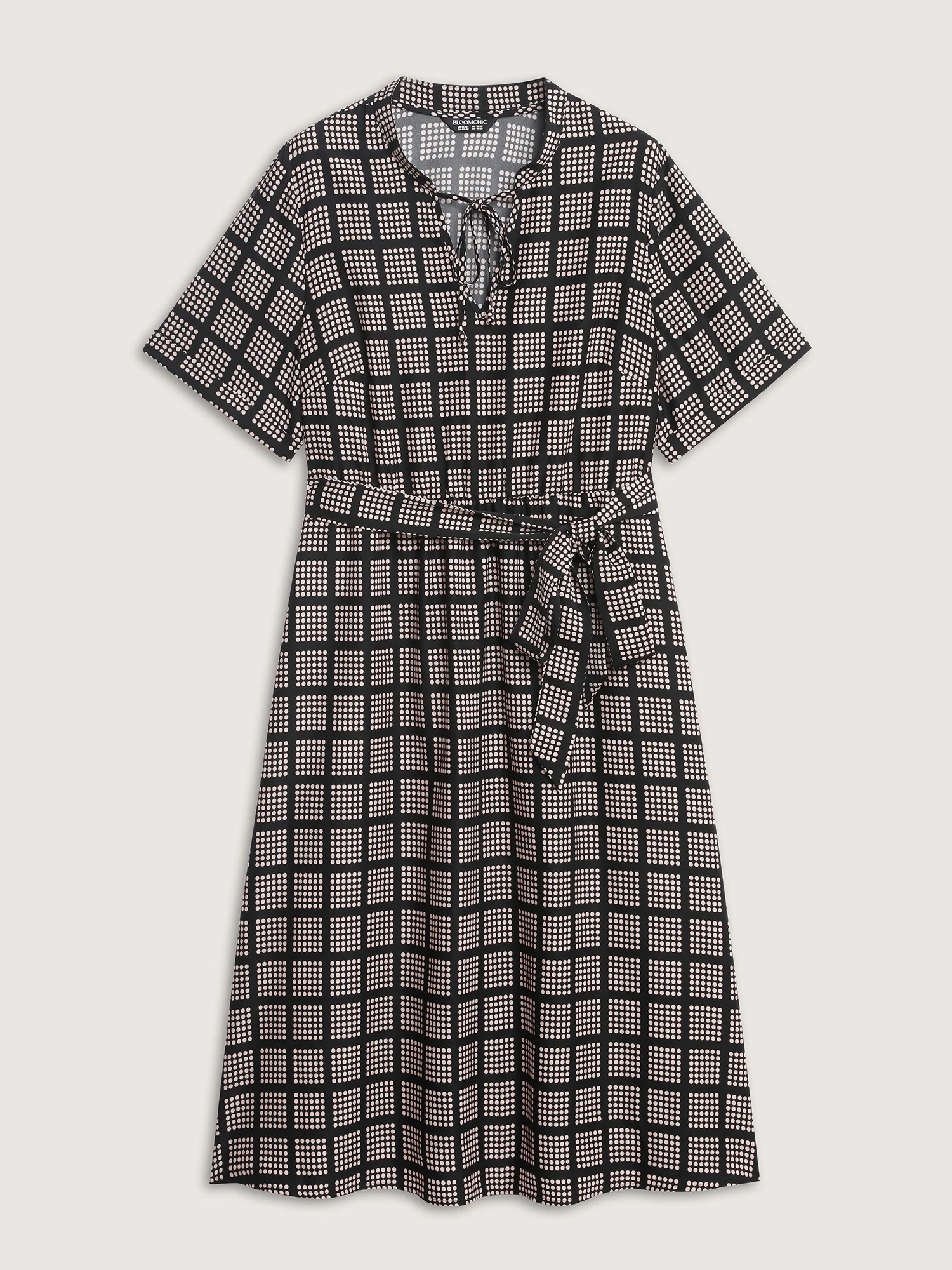 Grid Print Collar Waist-Tie Midi Dress - Image 7