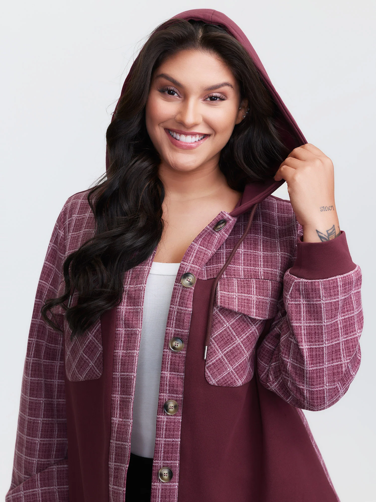 Grid Print Color Contrast Hooded Jacket - Image 2