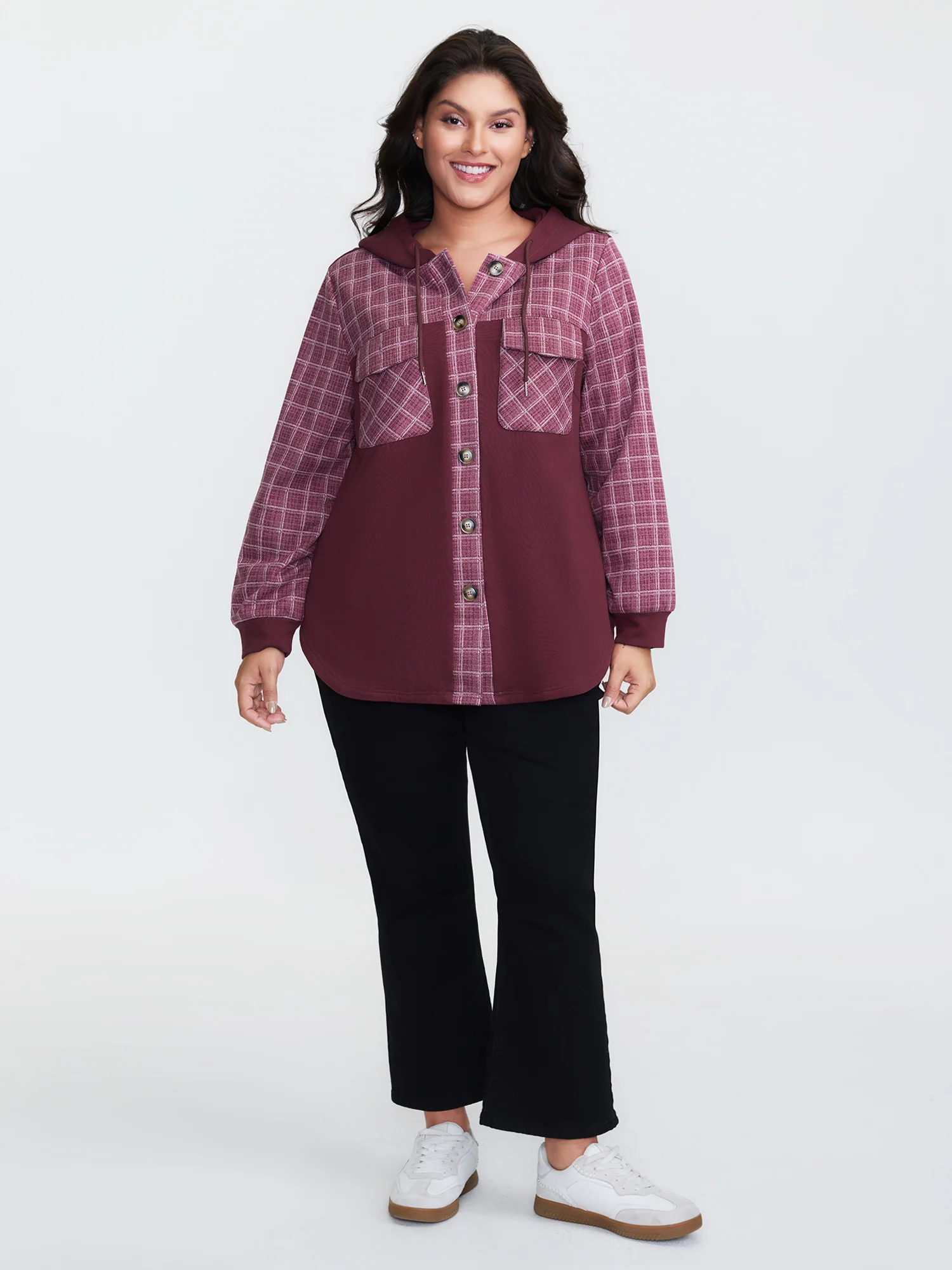 Grid Print Color Contrast Hooded Jacket - Image 3