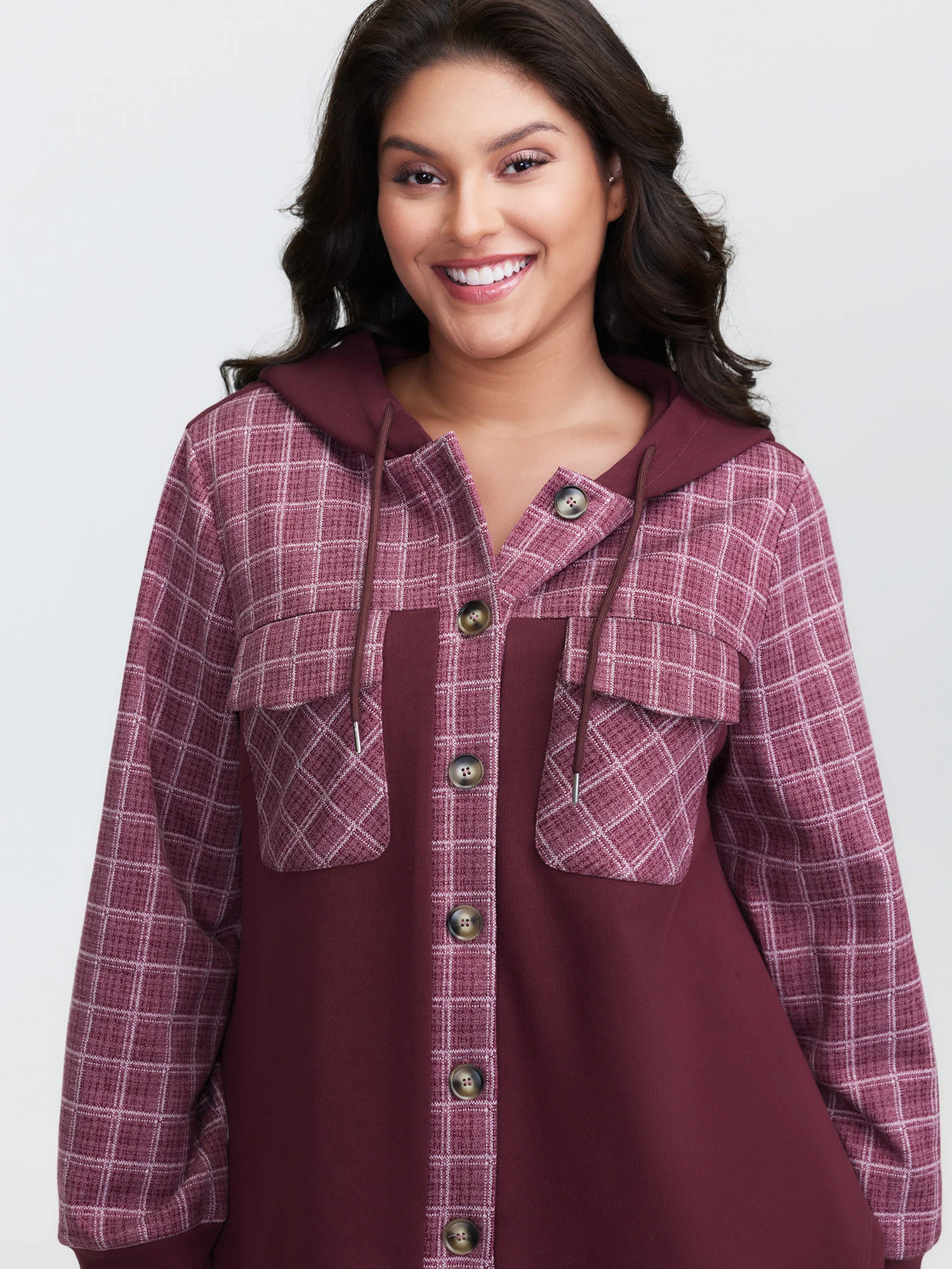 Grid Print Color Contrast Hooded Jacket - Image 4