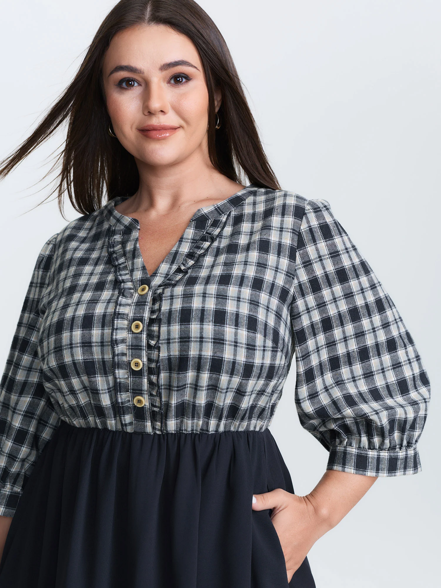 Grid Print Color Contrast Ruffled Midi Dress - Image 2