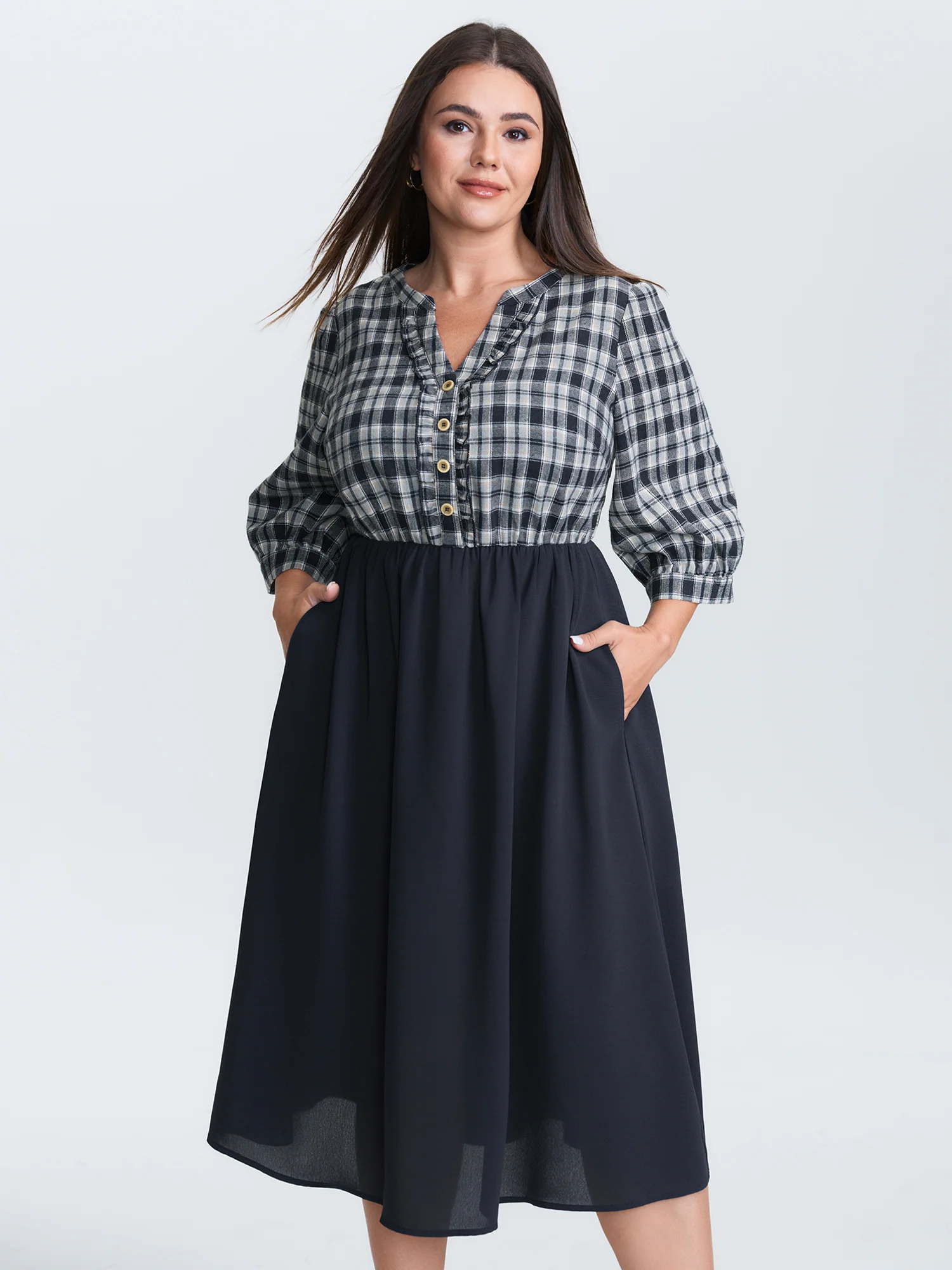 Grid Print Color Contrast Ruffled Midi Dress - Image 3